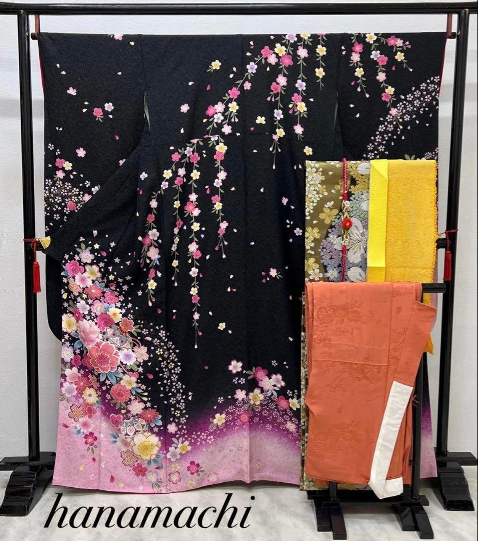 振り袖　フルセット　別誂長襦袢　黒　成人式　金彩加工　刺繍入り　銀通し　768 新作】お誂え付き振袖フルセット/No1162/ひいな/振袖/購入/ブランド