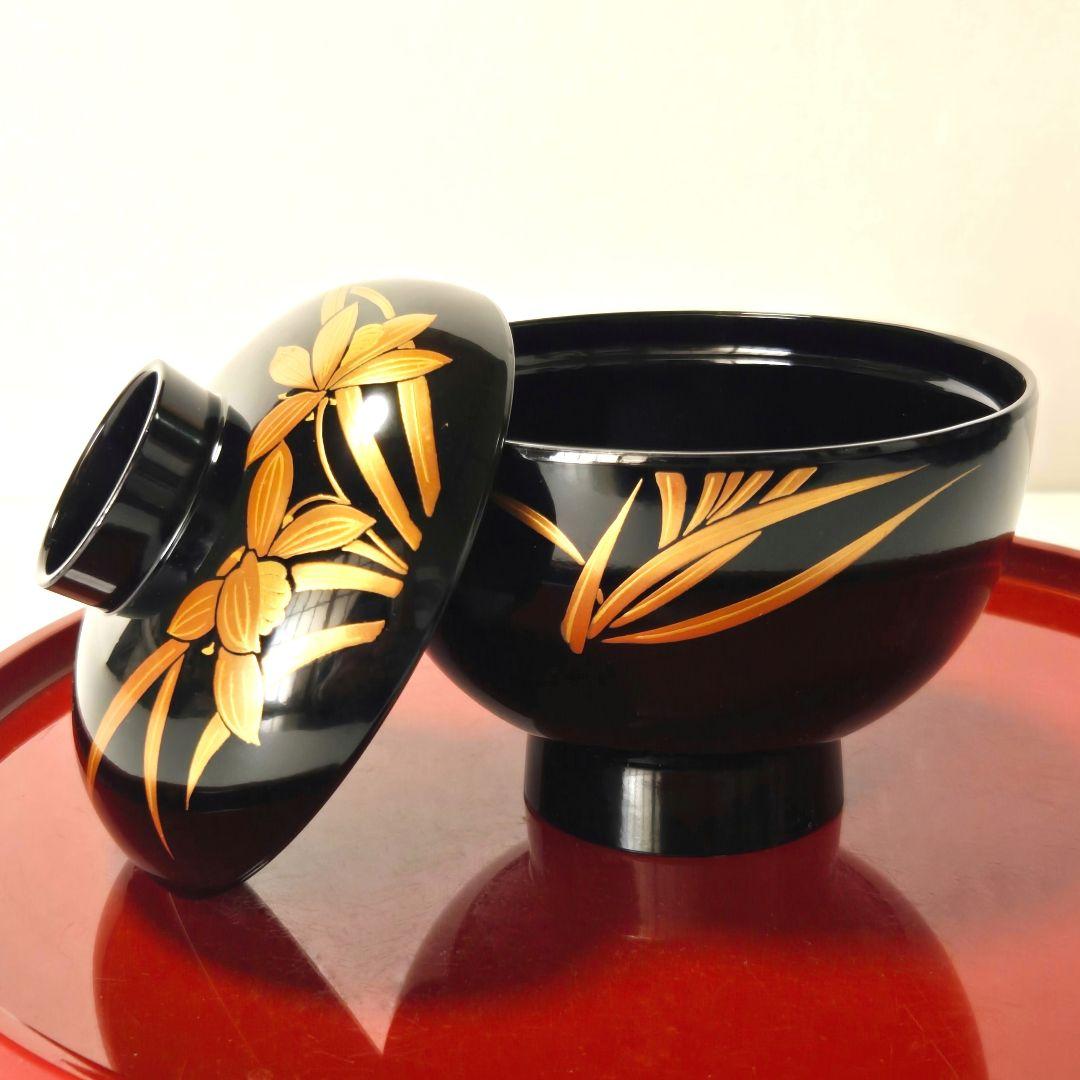 会津塗 漆器 金彩 蒔絵 蘭文様 蓋付きお吸物椀 5客 雑煮椀 汁椀 吸椀