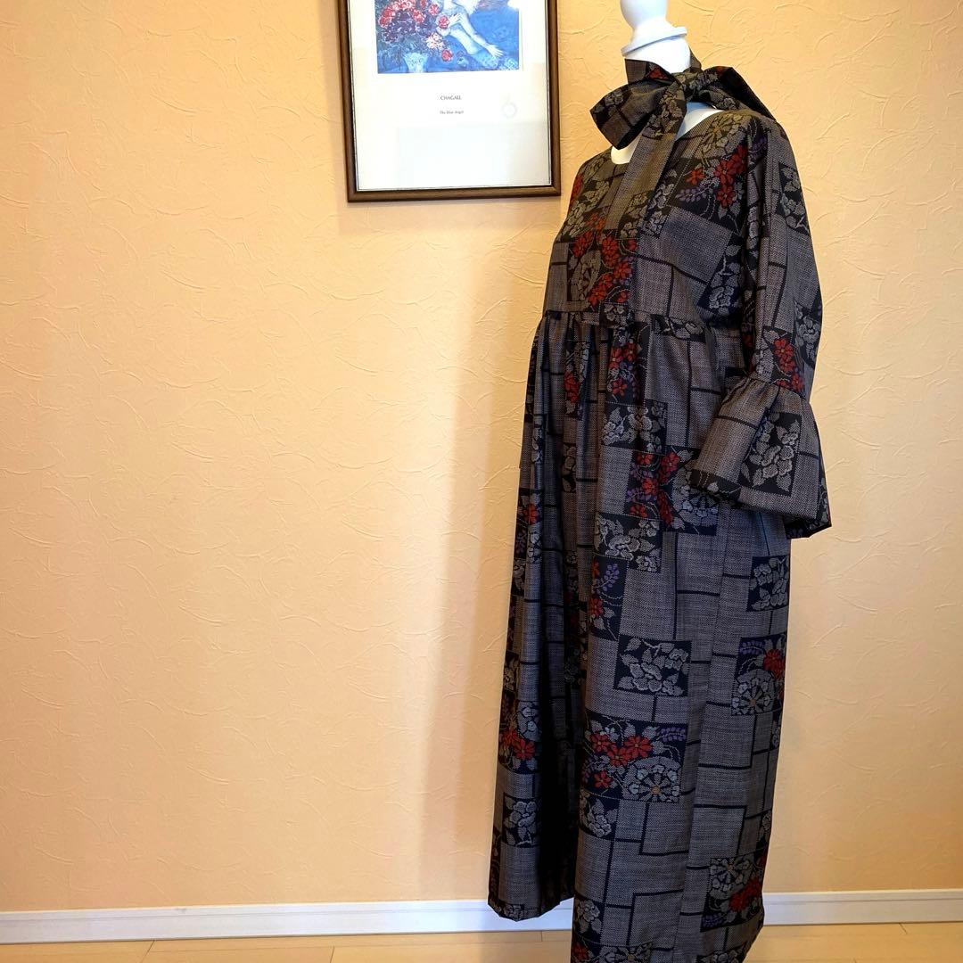 着物リメイク 大島紬ファッション フリル袖のギャザーワンピース