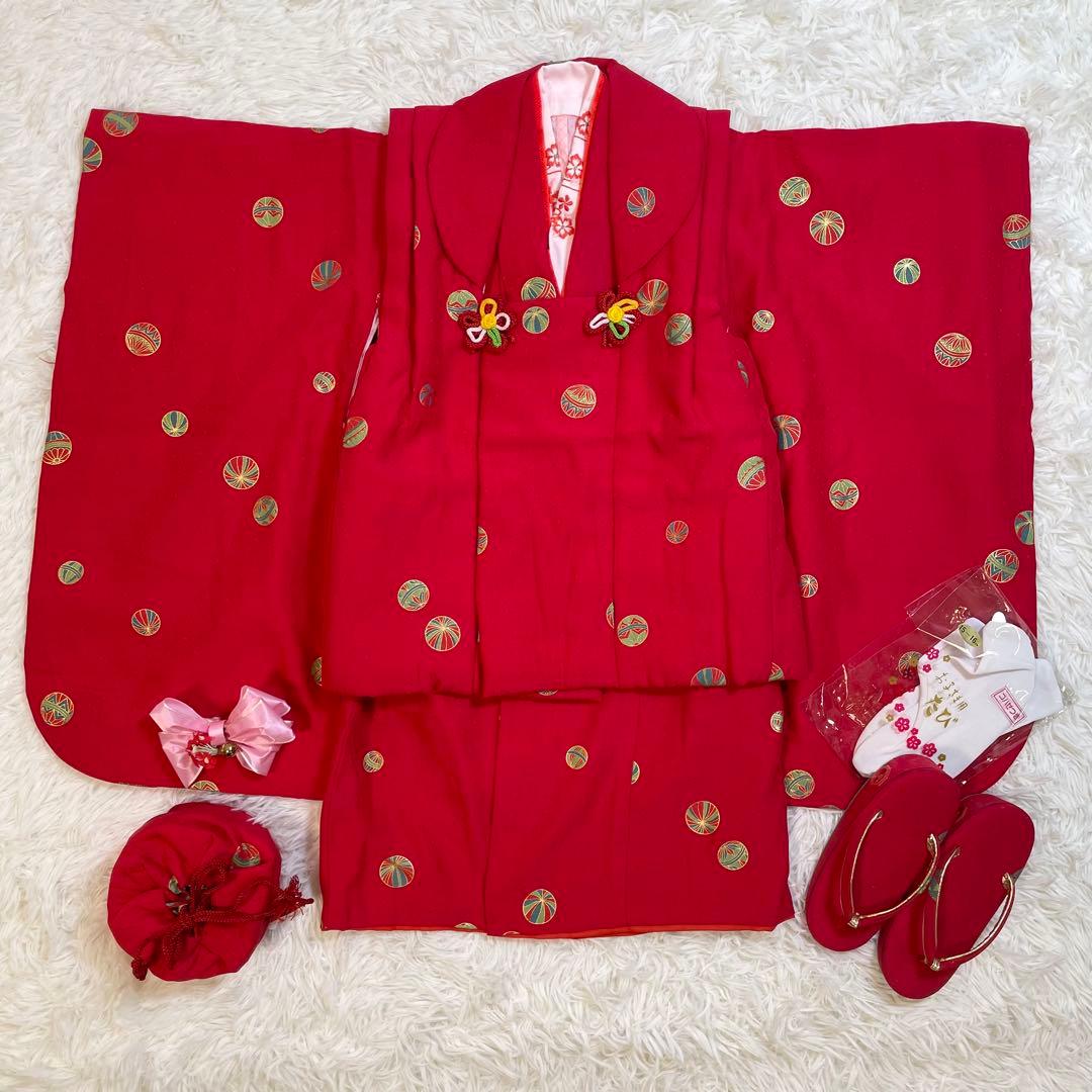 七五三　3歳　女の子　正絹　フルセット　被布コート　着物　赤　アンティーク 七五三 着物 3歳 正絹 フルセット 女の子 友禅 絵羽柄の着物 被布