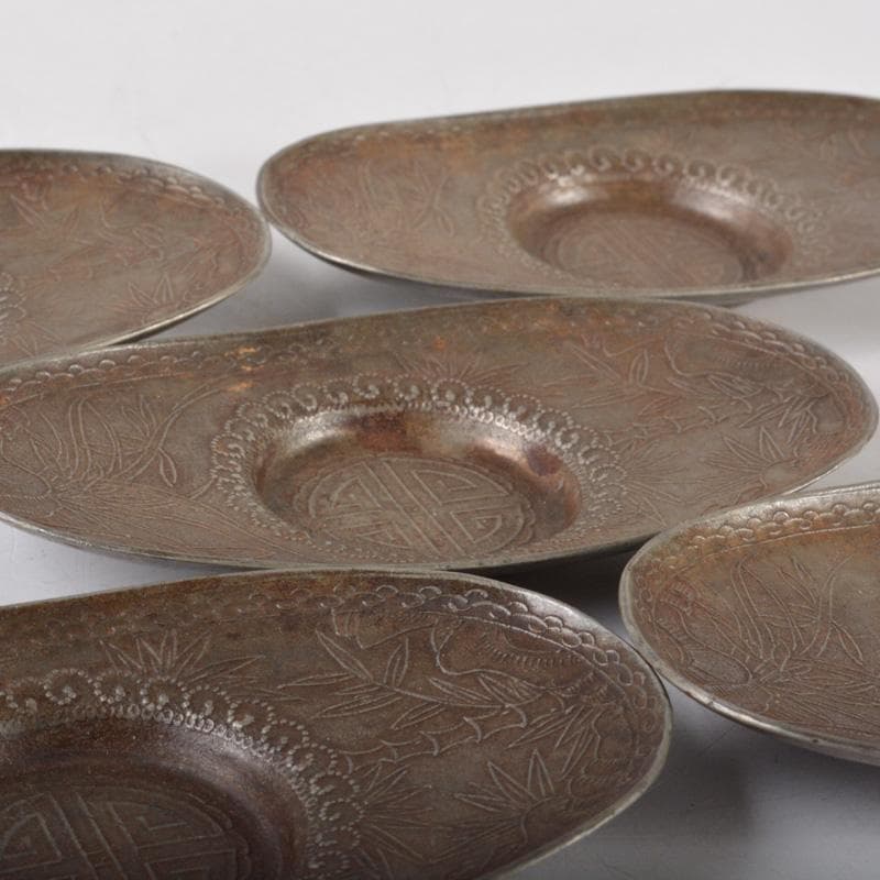 煎茶道具 古錫 花草文 茶托 五客 V 5132