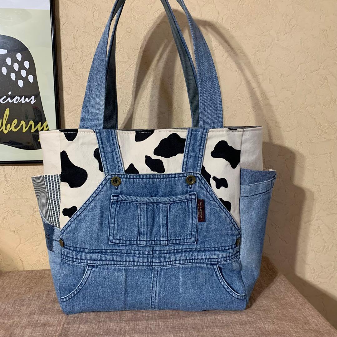 A4◎☆ウシ柄×オーバーオール☆サイドポケットトートバッグ/デニム