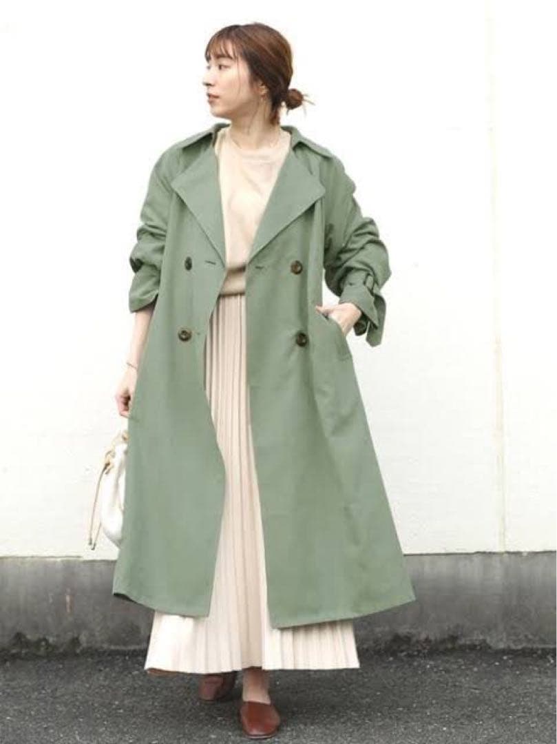 オリーブグリーン ダブルブレスト トレンチコート - メルカリ