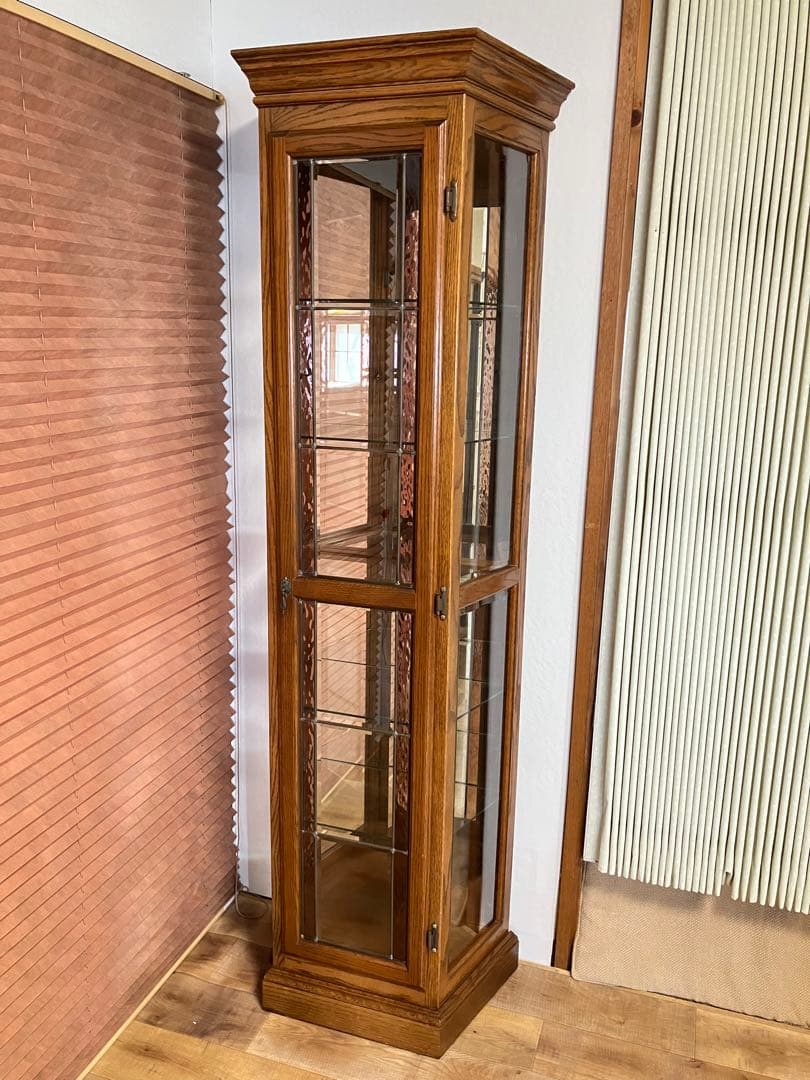 鈴木紀善 キュリオケース　キャビネット　ステンドグラス　オーク材