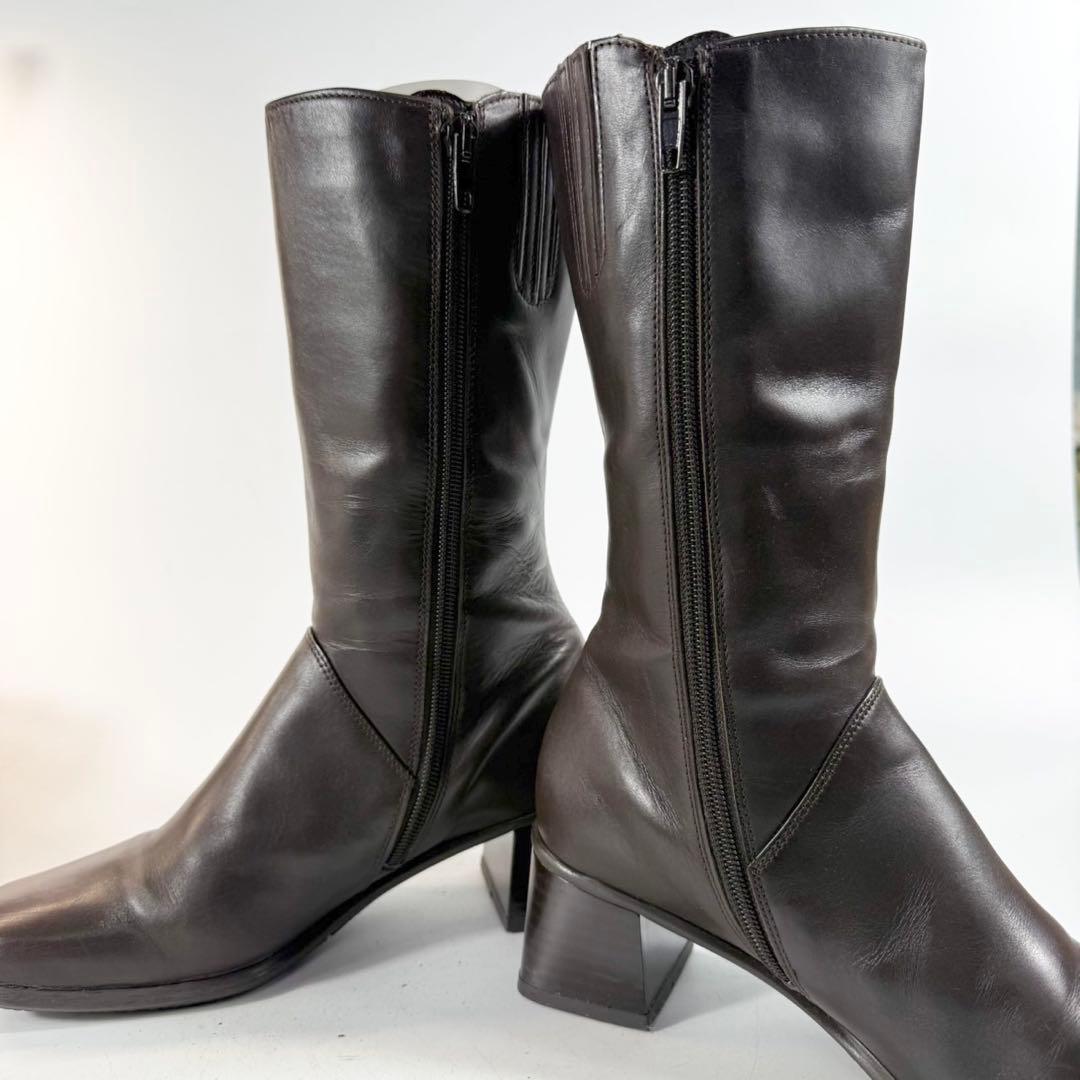 美品】Gabor ガボール ロングブーツ 本革サイドジップ スクエアトゥ 茶
