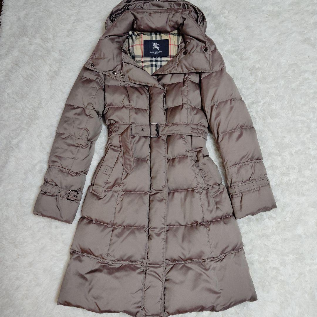 極美品 バーバリー ロンドン ダウンコート ピンクグレージュ 38 ノバチェック 極美品】BURBERRY LONDON バーバリーロンドン ダウンコート ロング丈