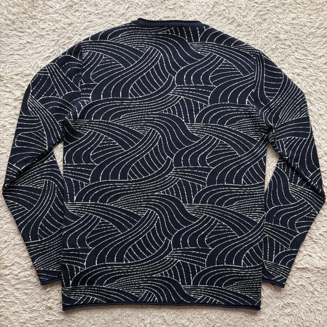 ☆希少 XLサイズ☆ エンポリオ アルマーニ 長袖 ニット 波柄 総柄 紺