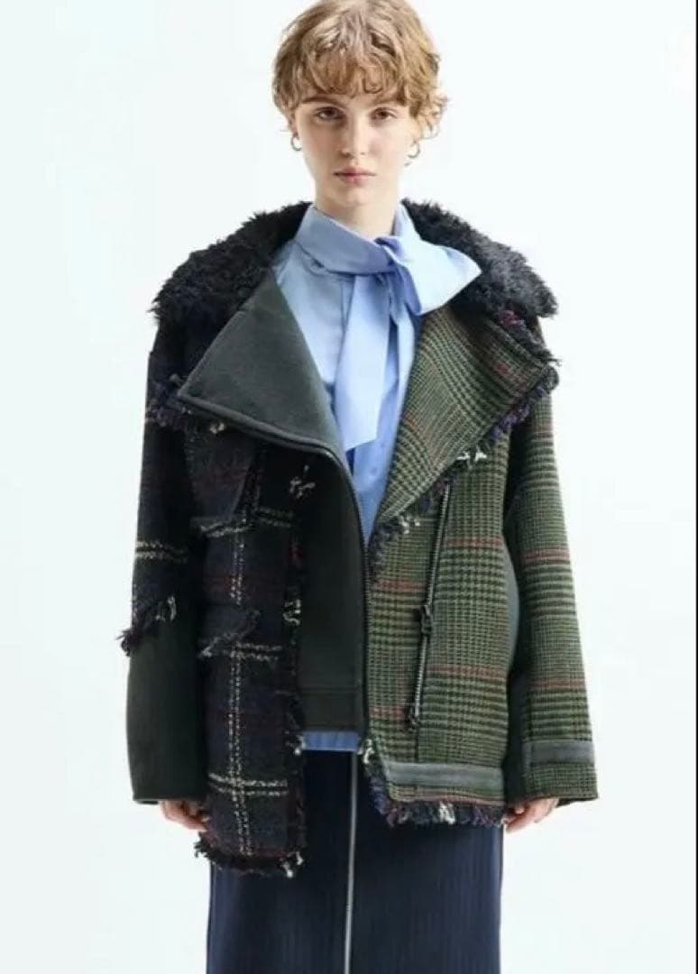 新品AULAAILA パッチワークボアチェックフリンジライダース CHECK COMBINATION BLOUSON(25FW) — aulaaila