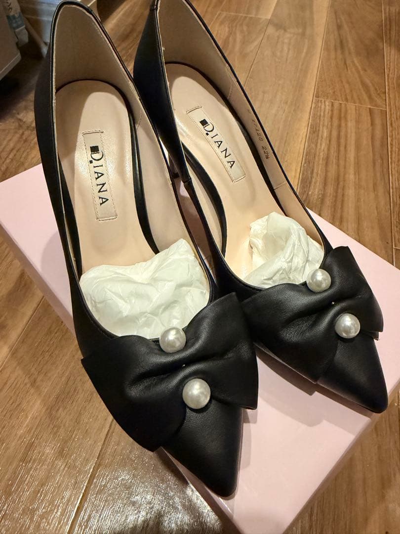 未使用 DIANA 黒 リボン パールパンプス アルテミス バイ ダイアナ artemis by DIANA パールモチーフリボン