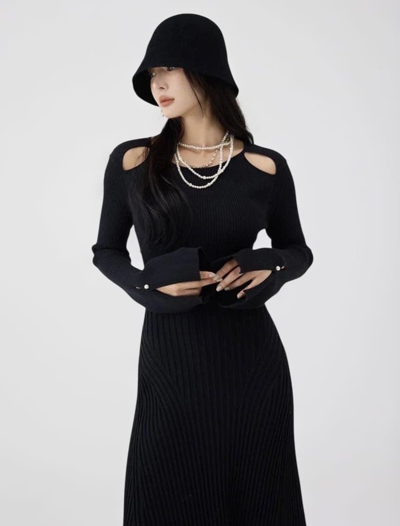 最安 美品 eimy istoireリブニットフレアワンピース黒 リブニットフレアワンピース