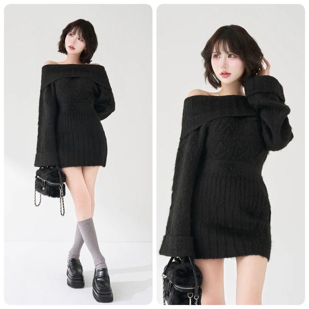 Darich ダーリッチ ヘアリーオフショルニットミニワンピース BLK 黒