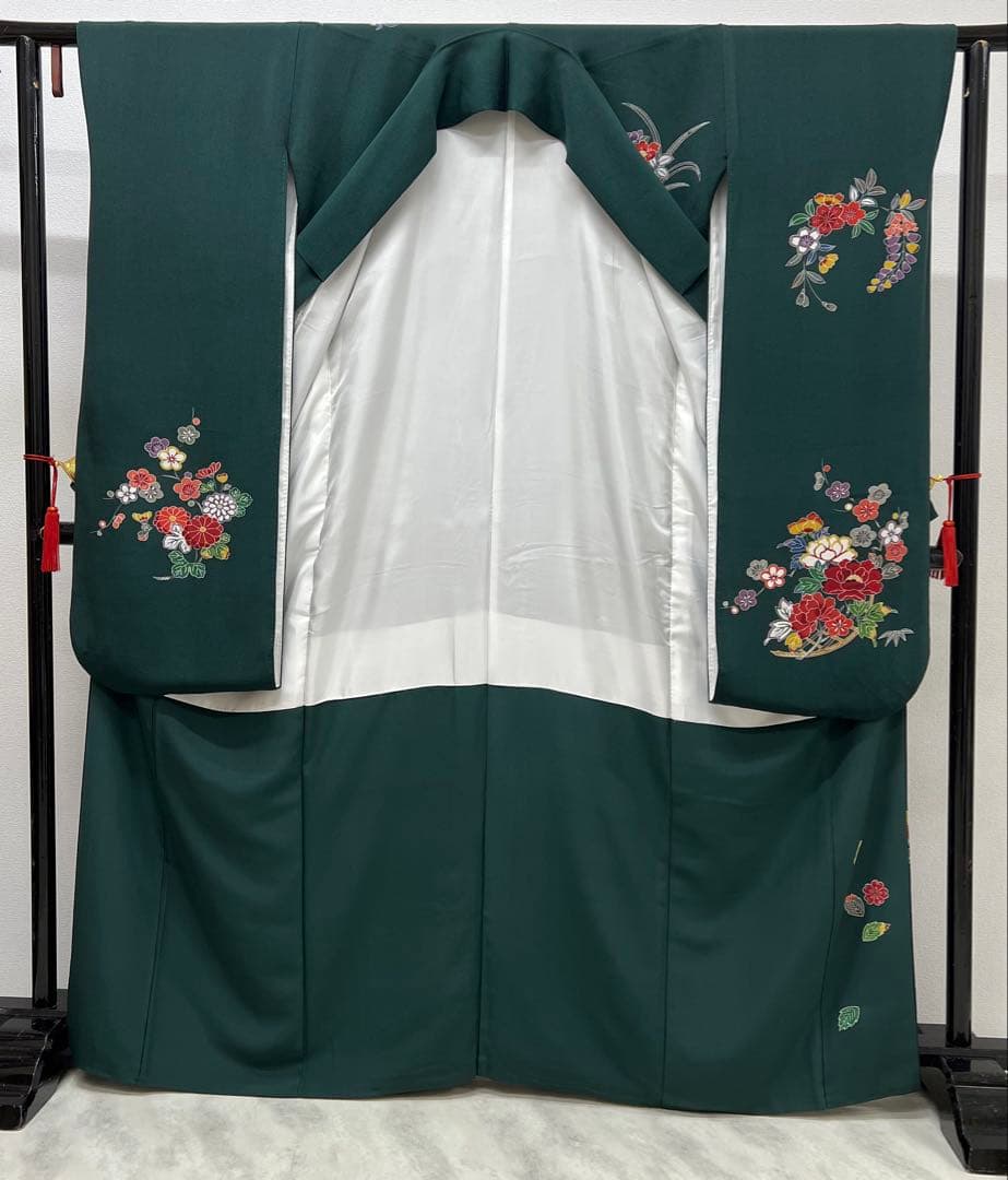 振り袖 フルセット 浜ちりめん 別誂長襦袢 深緑 個性的 友禅 成人式