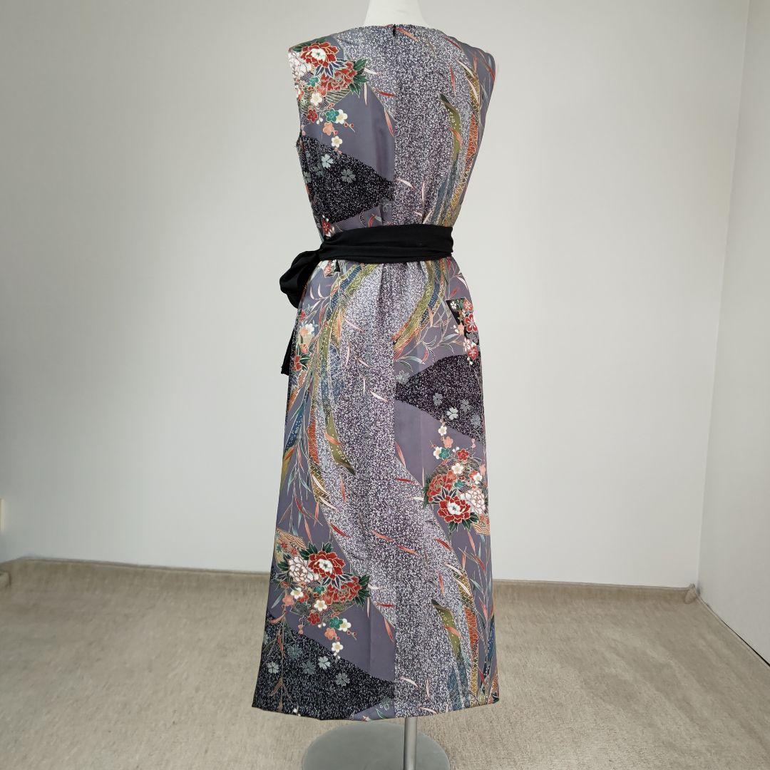 zunezune 振袖ドレス② ノースリーブ 着物リメイクワンピース 柄×黒