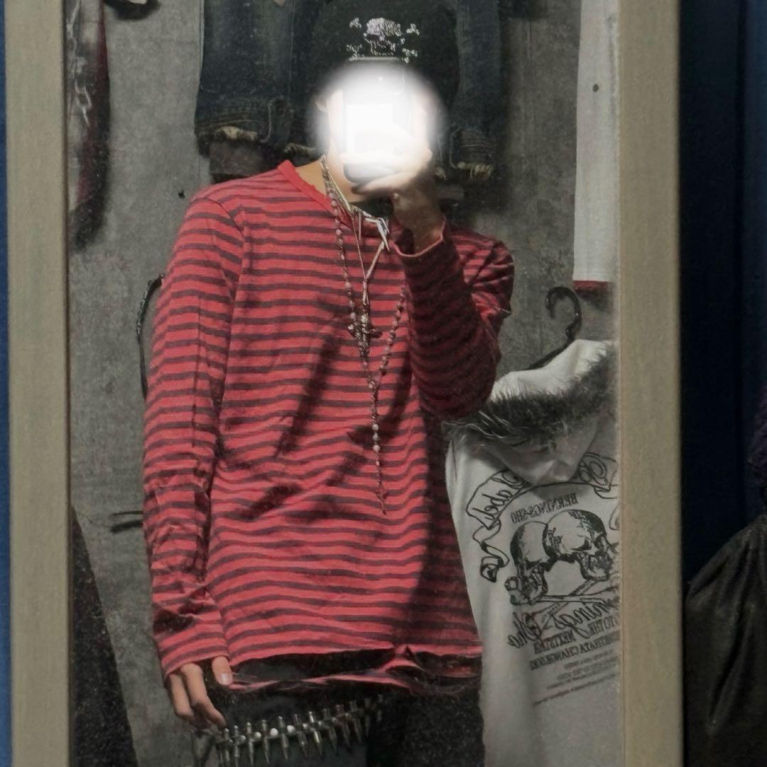 パンク赤黒ボーダーロンT ボロリメイク グランジ y2k - メルカリ