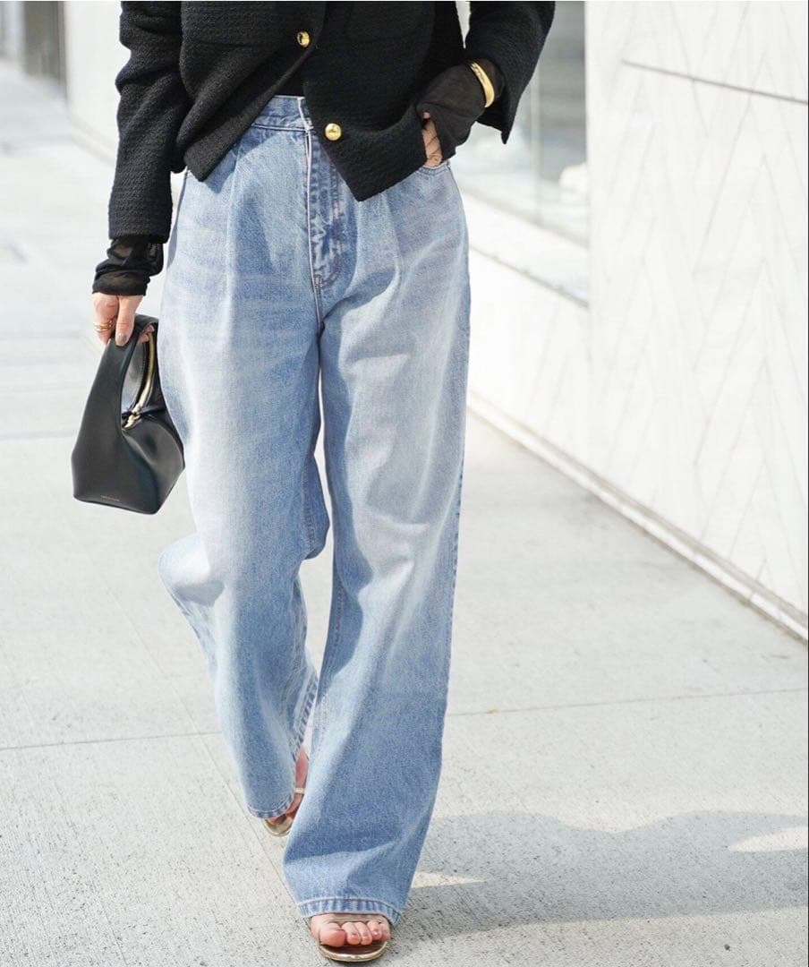 完売品 EVERYDAY I LIKE. タックバギーデニムパンツ ワイド　34 タックバギーデニムパンツ【自宅で試着、返品送料無料】(S 淡加工色