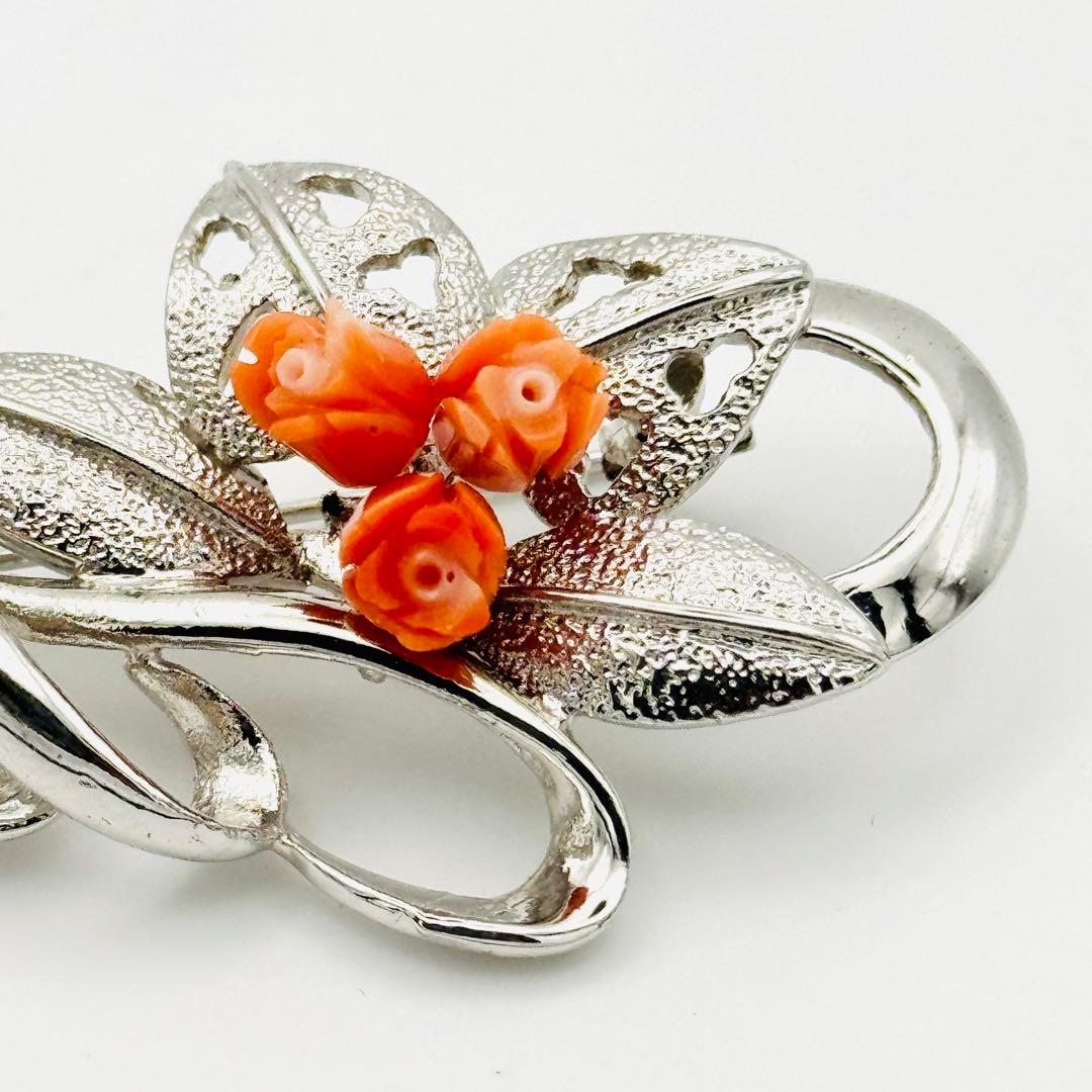 極美品 コーラル 珊瑚 ブローチ シルバー 薔薇 フラワー 彫刻