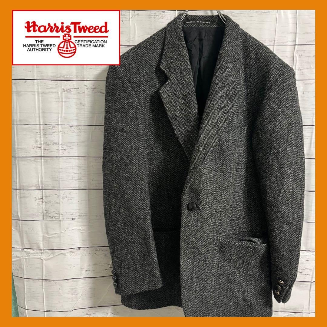 Harris Tweed ウール テーラードジャケット 英国製　グレー L 古着 MOORES Harris Tweed ハリスツイード ウールテーラードジャケット