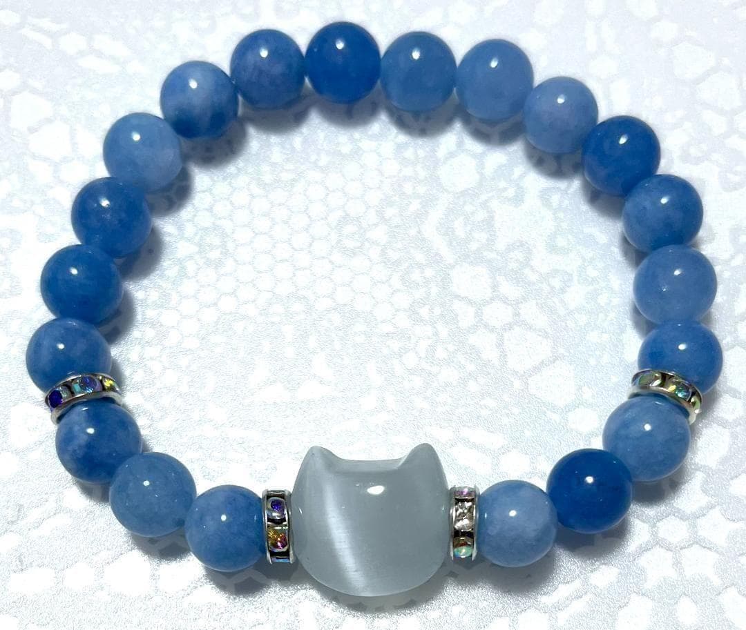 ねこ型キャッツアイ アクアマリン 幸せのパワーストーンブレスレット