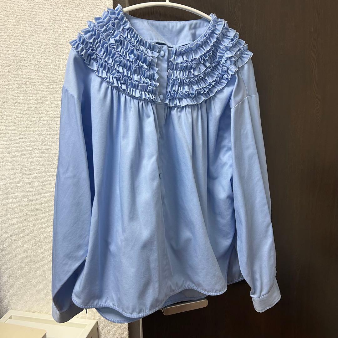 極美品ロージーモンスターシアーミニフリルブラウスライトブルー洗える
