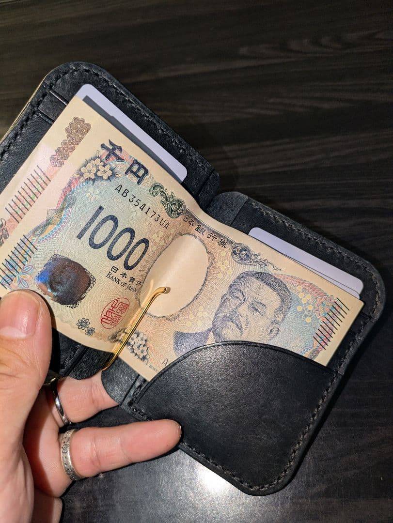 イタリアンレザー マネークリップ式 コンパクト 財布 総手縫い