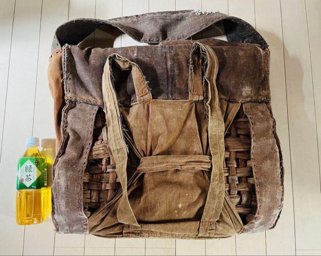SALE◇希少 柿渋古布と国産山葡萄蔓 背負える大型籠リュック 斜め掛