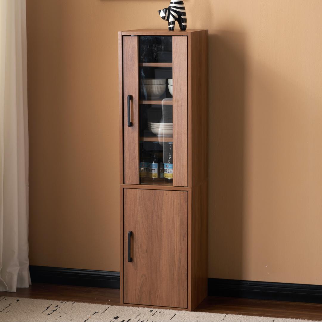 ブラウン 食器棚 収納付き 高さ120㎝ コンパクト カップボード 飾り棚/扉付 食器棚 120幅 おしゃれ カントリー モダン 北欧 高級感 ブラウン