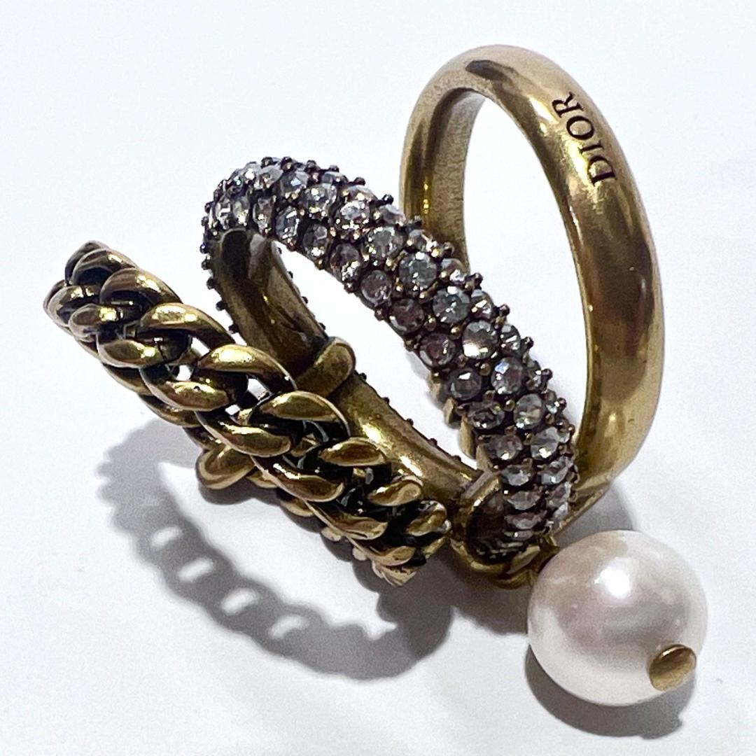 Dior ディオール J'Adior クリスタル フェイクパール 三連 リング