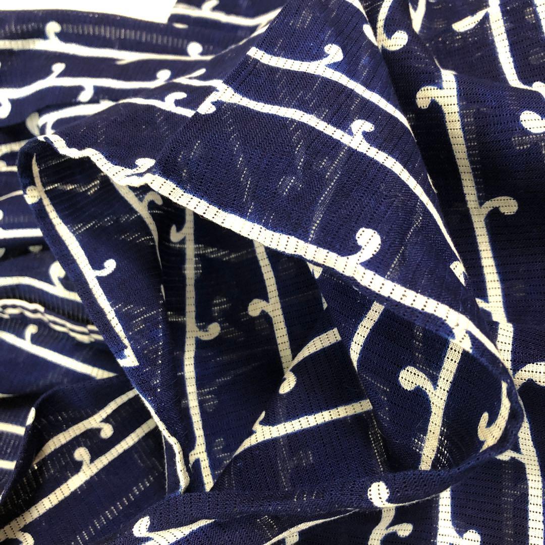 綿絽 浴衣 着物 紺色 縞模様 レトロ ヴィンテージ 身丈約148.5 cm