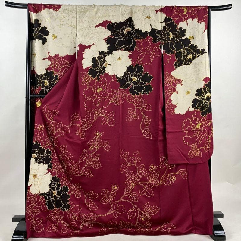 深紅 牡丹 金×黒×白 振袖 ジャパンモード 白/黒/金(ゴールド) 牡丹柄 花魁風 渋い レディース