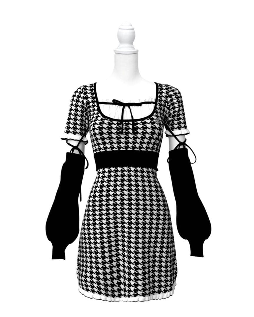 HONEY MEW アームカバー付きバックリボン千鳥ワンピース