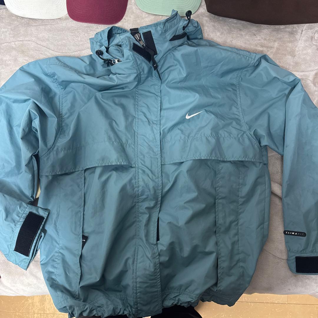 90s Nike ナイロンジャケット 青緑 フード付き 90s NIKEナイキ マルチカラー 切り替え ナイロンジャケット 黒×青×緑