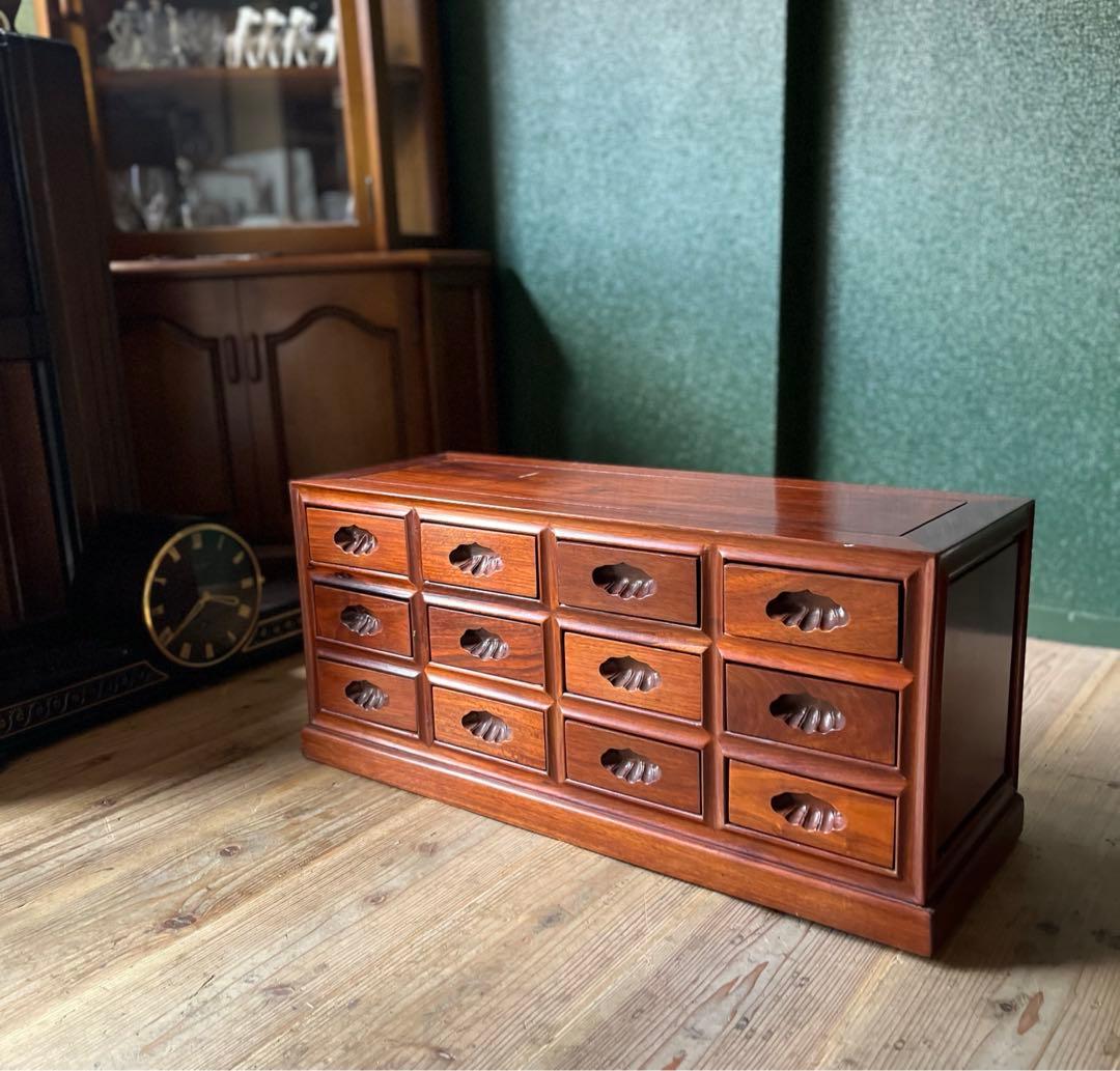 薬箪笥 唐木 紫檀 無垢材 薬棚 小物入れ 小箪笥 12引出し 昭和レトロ