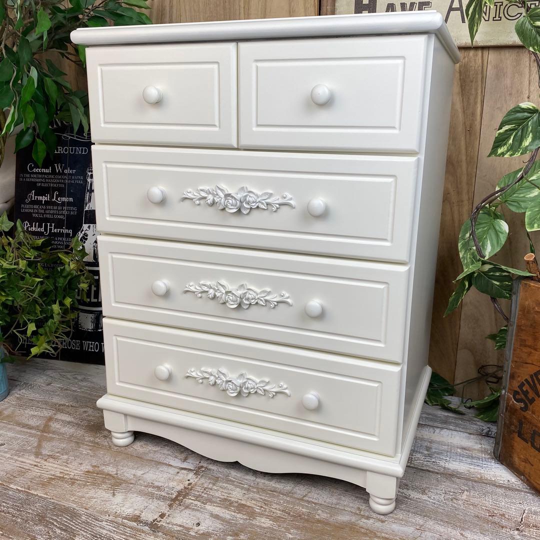 訳あり品【128】フレンチカントリー調ホワイトチェスト四段五つ引き木製タンス収納 直送】フレンチカントリー風ワイドチェスト｜かわいいお姫様インテリア