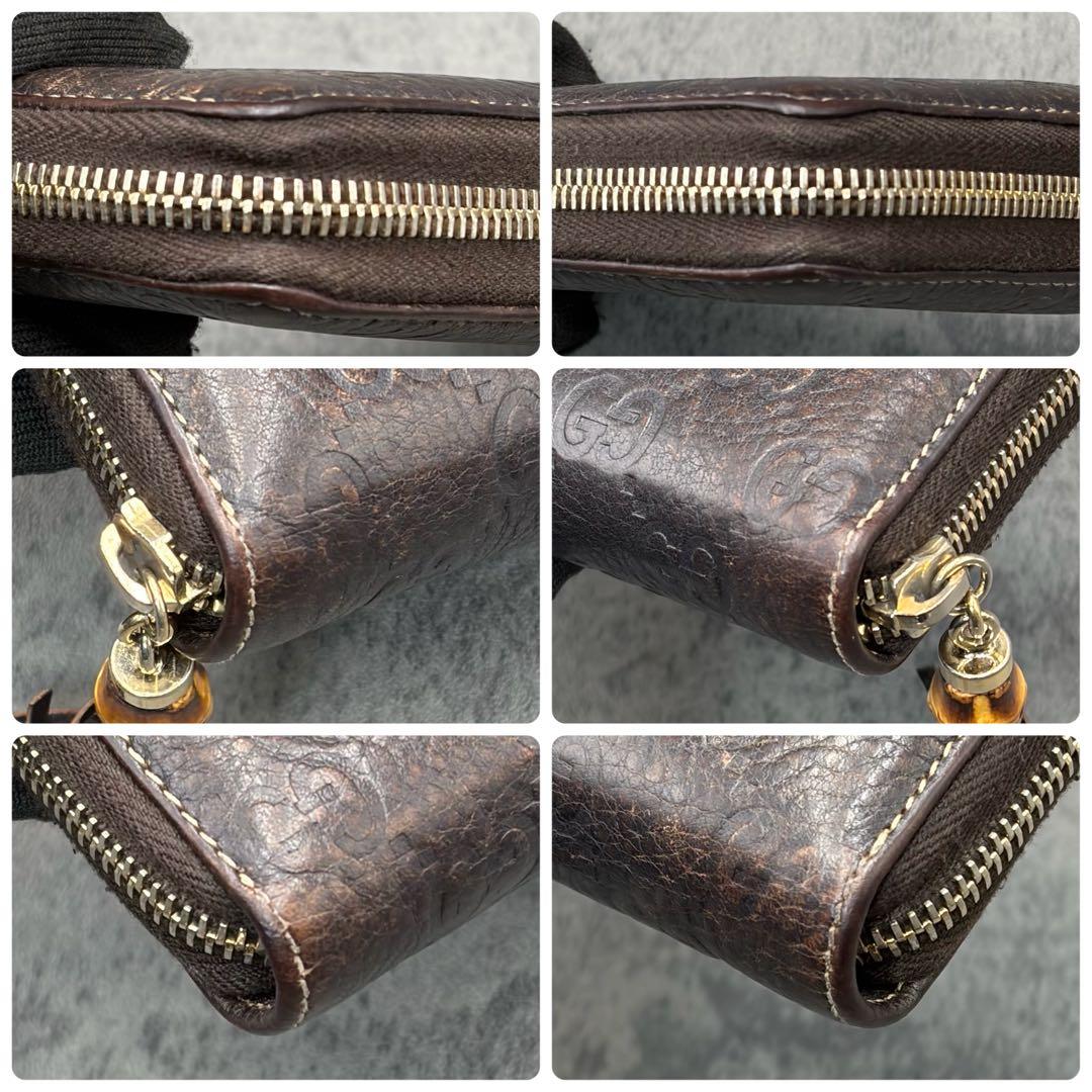 美品 グッチ レオパード シマ ラウンドジップ 長財布 茶 バンブー