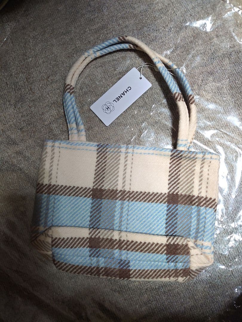 CHANEL チェック柄トートバッグ シフォン 水色 - メルカリ