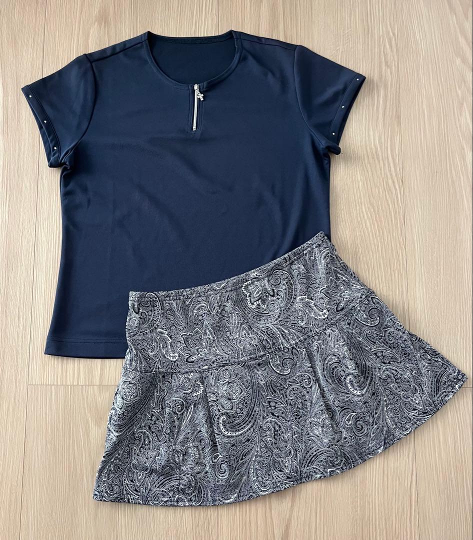 L'oetufルフ ネイビーラインストーンシャツペイズリー柄スコートセットアップ L'oetufルフ ネイビーラインストーンシャツペイズリー柄スコート