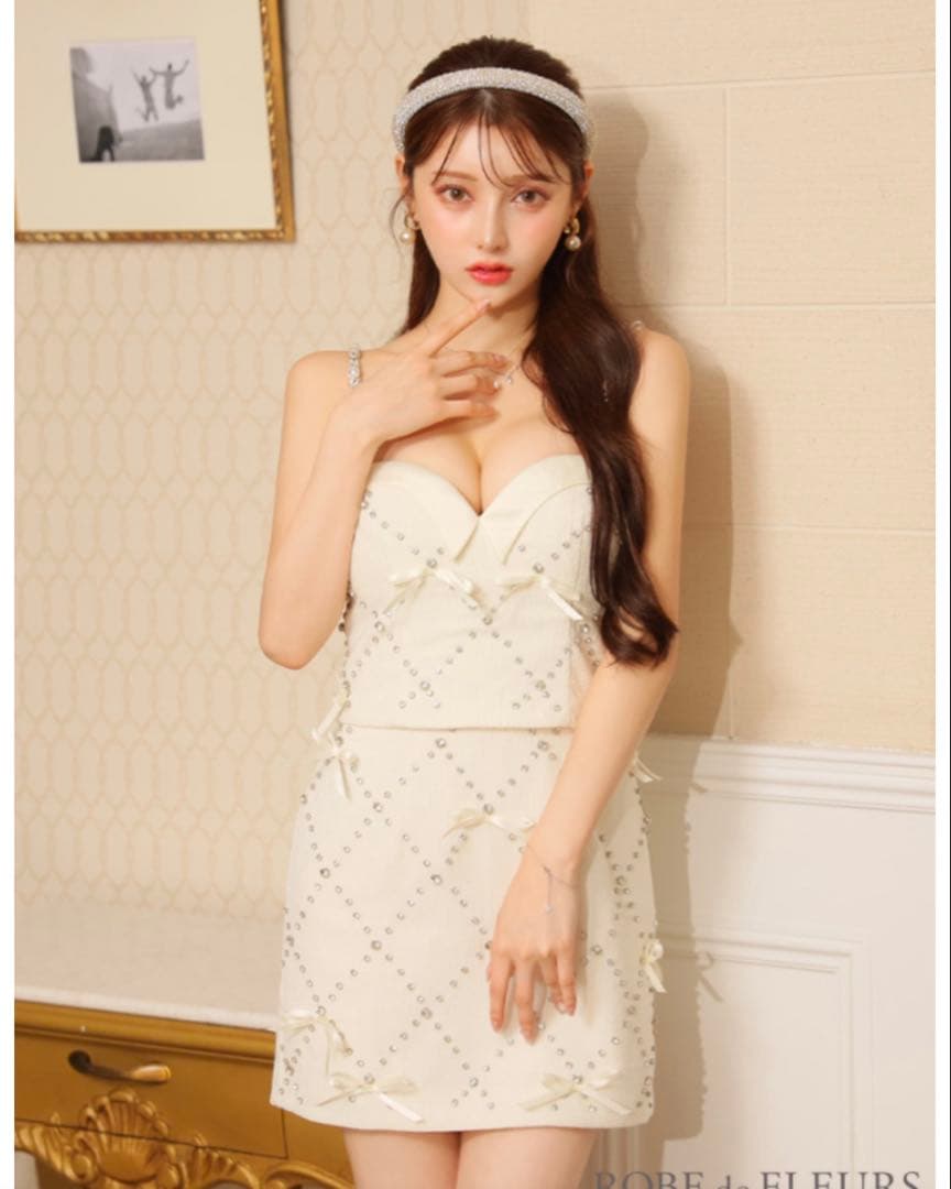 連*)様 ROBE de FLEURSミニキャバドレス(fm3741) XS XSサイズあり】ビジュー×サテンリボンデザインガーリーミニキャバ