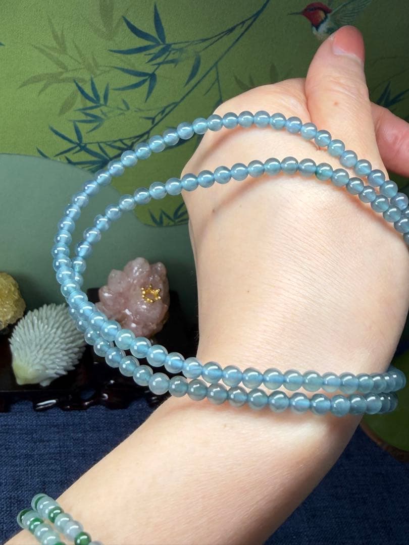 高品質⭐️天然本翡翠 爽やかな高氷種ブルー系翡翠一連ネックレス 鑑定