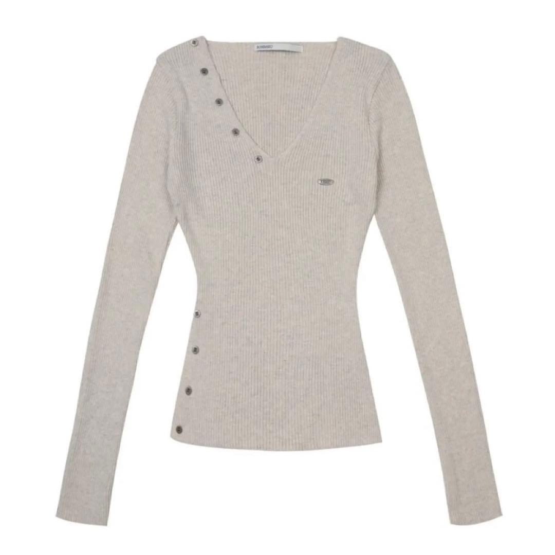 BOHEMSEO BUTTON V-NECK SLIT KNIT ニット 韓国 보헤미안 서울(BOHEMSEO) BUTTON V-NECK SLIT KNIT, MELANGE GRAY