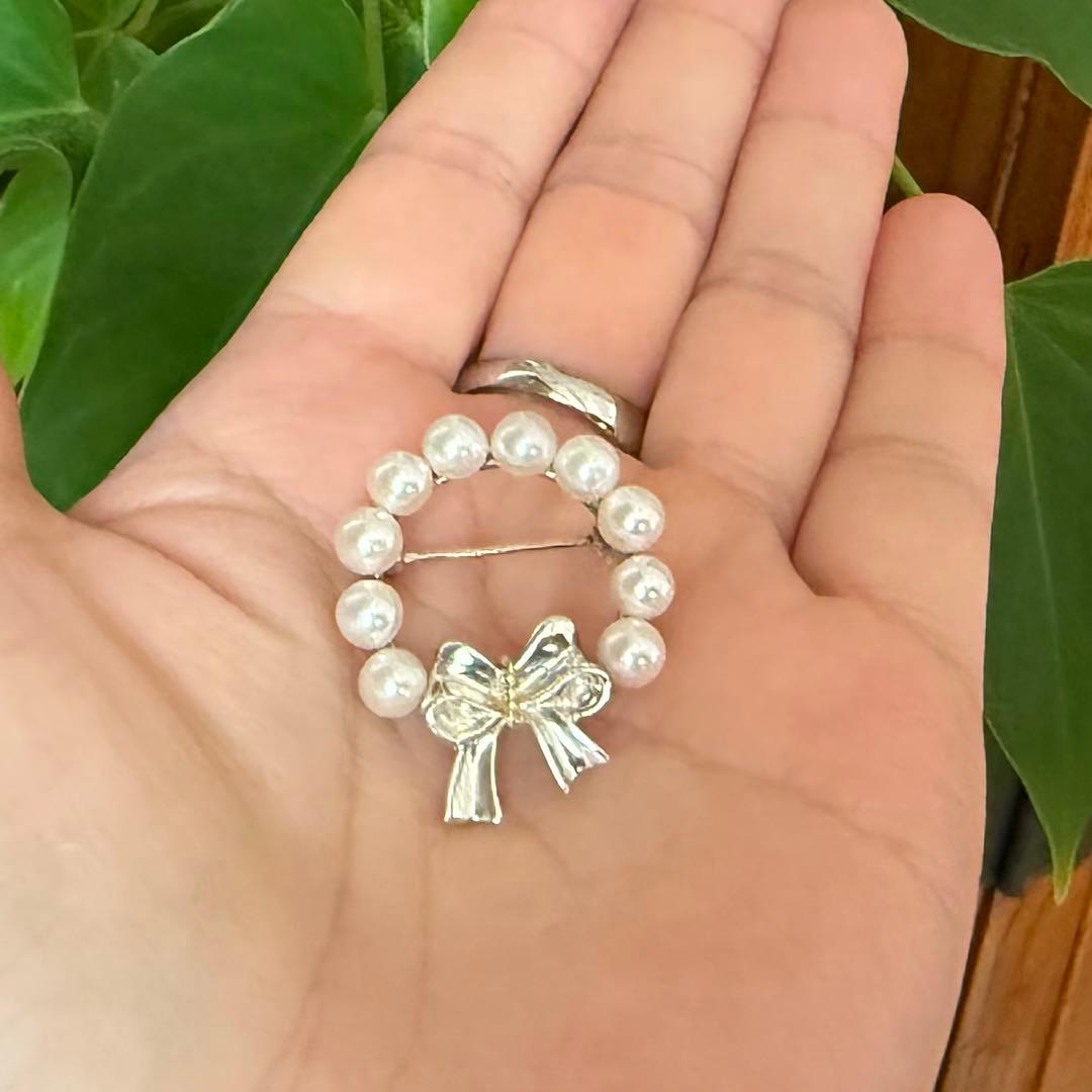 ティファニー925/750アコヤパールリボンリースブローチ 共箱付き