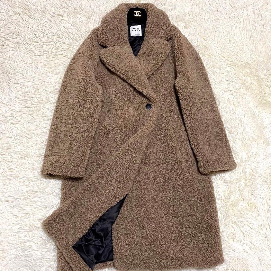 美品✨】ZARA テディベア ボア チェスターコート 女優襟 ブラウン L