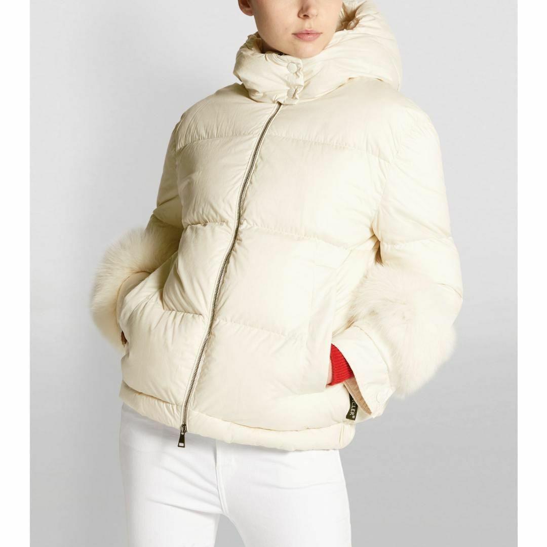 MONCLER フード付きダウンジャケット 袖ファー オフホワイト サイズ2