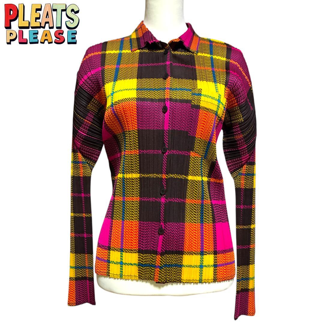 【美品】ISSEI　MIYAKE　プリーツプリーズ　長袖チェックシャツ　Lサイズ ウィンターセール】美品 激レア プリーツプリーズ イッセイミヤケ