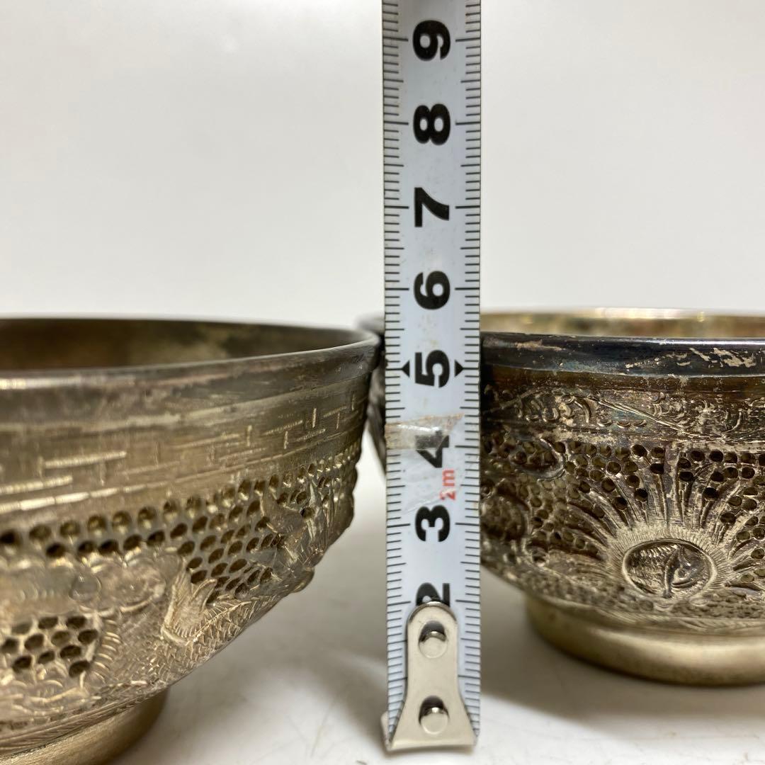 中国古玩 龍銀細工茶碗 2客 直径11.3㎝ 521gタサオ 東な8-