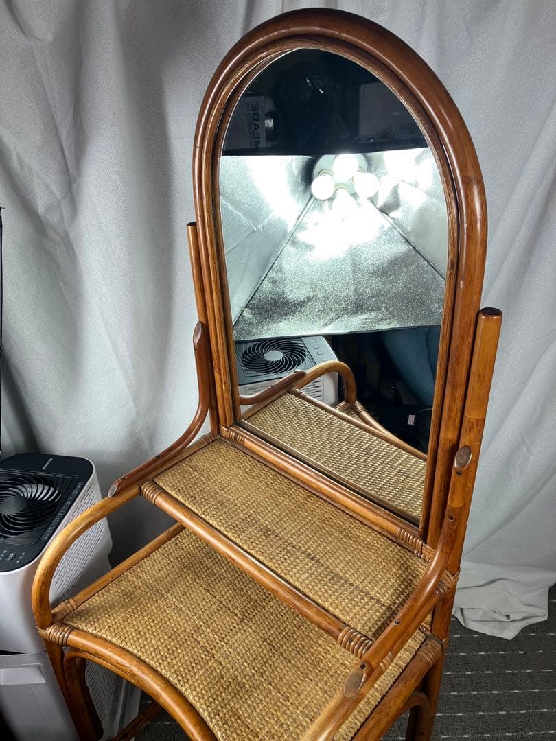 即購入不可 昭和レトロ×天然素材 籐製ミラー付きドレッサー＆スツール