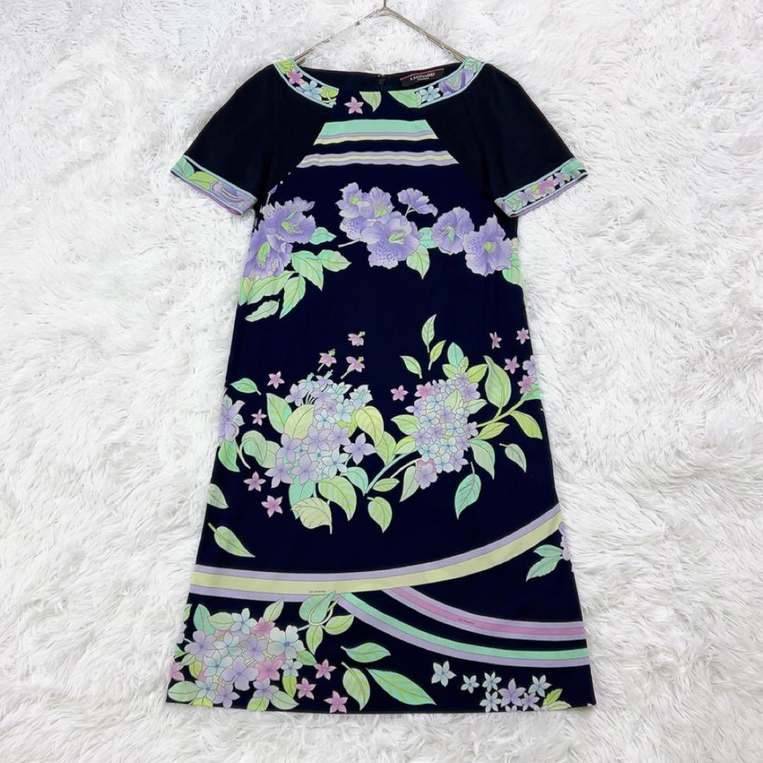 レオナール ワンピース カンカン 総柄 花 Aライン 40 L相当 ネイビー レオナール ワンピース カンカン 総柄 花 Aライン 40 L相当 ネイビー