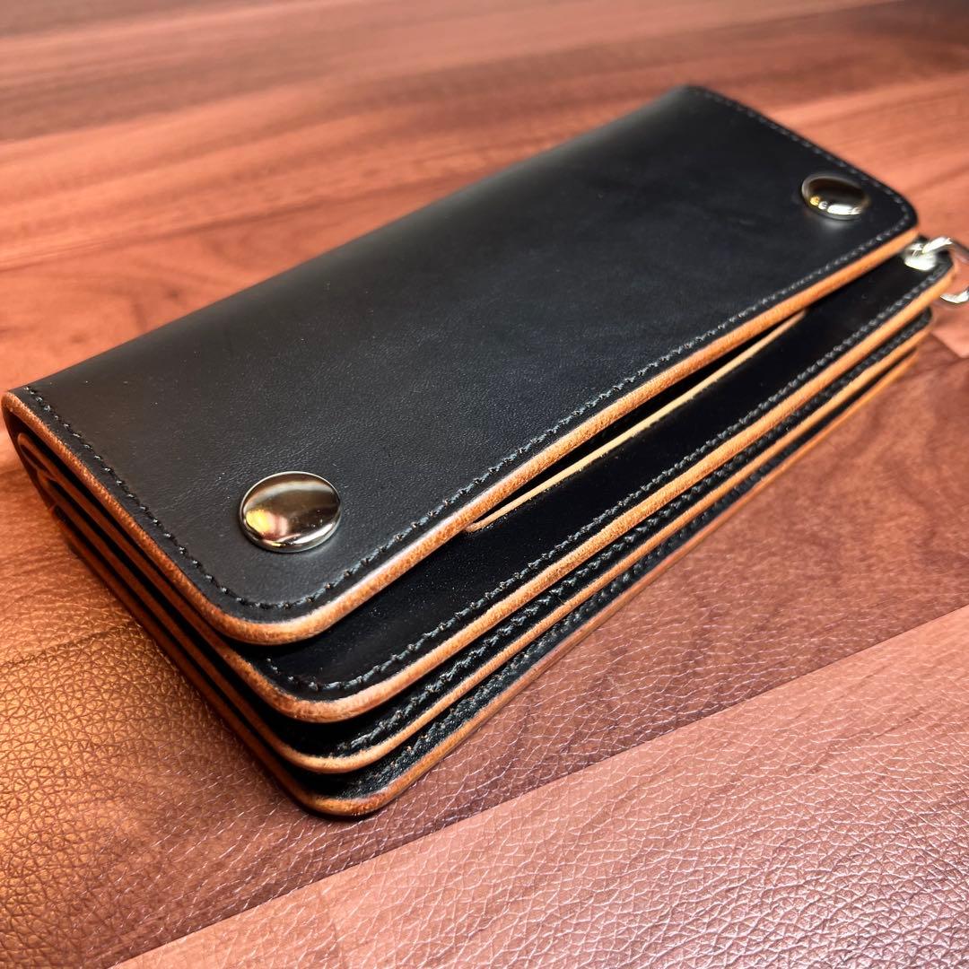 トラッカーウォレット ロング 3層】 北米ステア ブラック 茶芯 シルバー