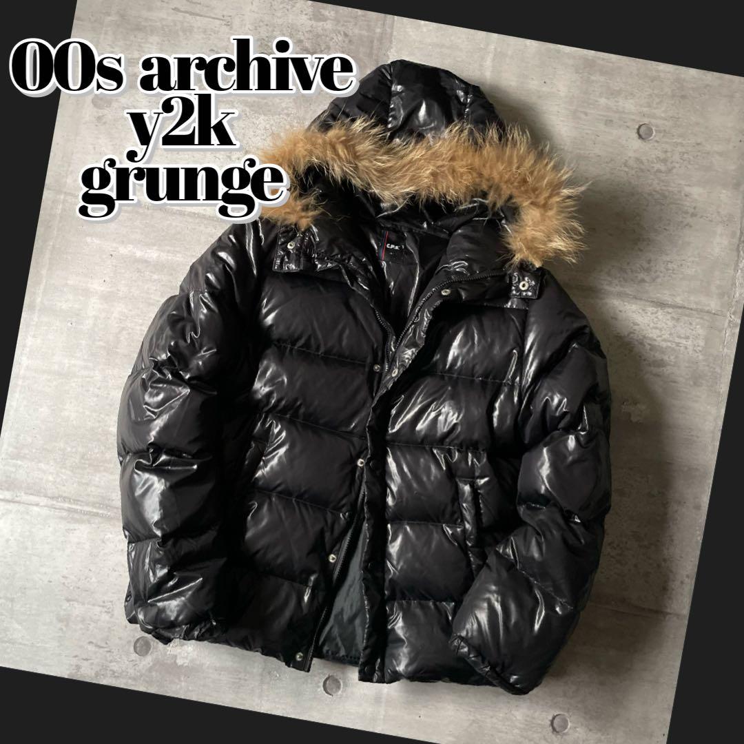 y2k ファー付き ダウンジャケット 平成ギャル男 光沢 ダブルジップ
