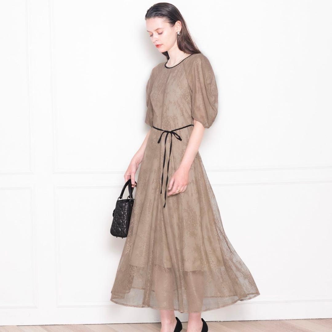 新品 Leja パフスリーブウエストリボン総レースロングドレスワンピース M