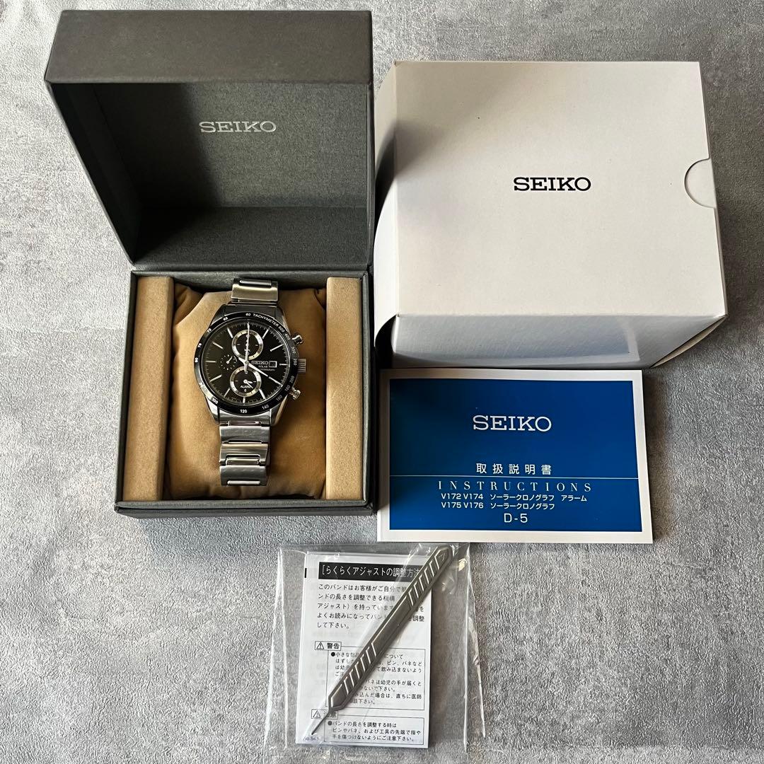 【美品】 SEIKOセイコー 黒 V172-0AP0ソーラー クロノグラフ腕時計 SEIKO/セイコー】 V172-0AP0 △難有 クロノ不良 腕時計 ステンレス